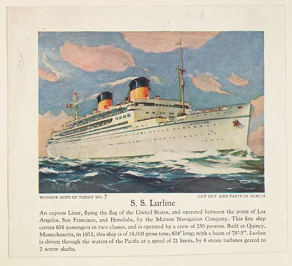 S. S. Lurline, No. 7, collector card from the Wonder Ships of Today series (D90), issued by the Kelley Baking Company — Kelley Baking Company