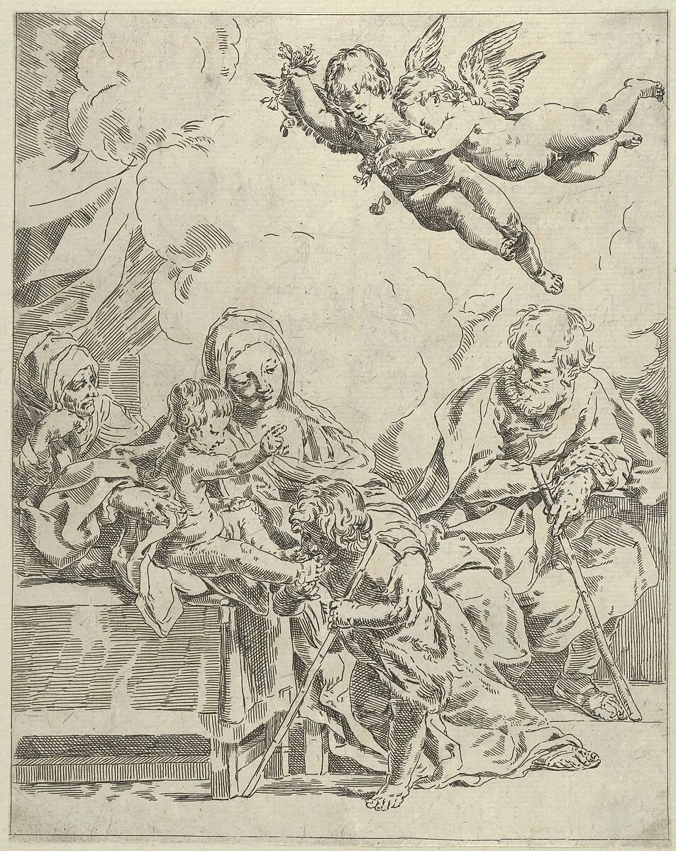 The Holy Family with young John the Baptist and Saint Elizabeth, two angels above, after Reni — Guido Reni|Flaminio Torre (Torri)