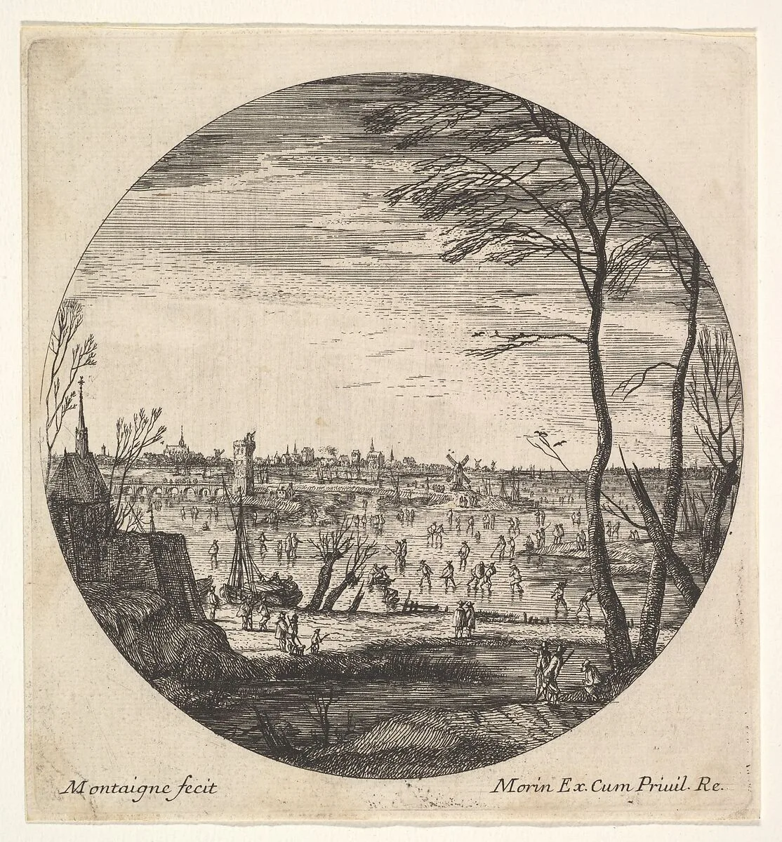Winter landscape with figures skating on a frozen body of water in a roundel composition; a church and trees in the foreground; a bridge, churches, and windmills beyond — Matthijs van Plattenberg|Jean Morin