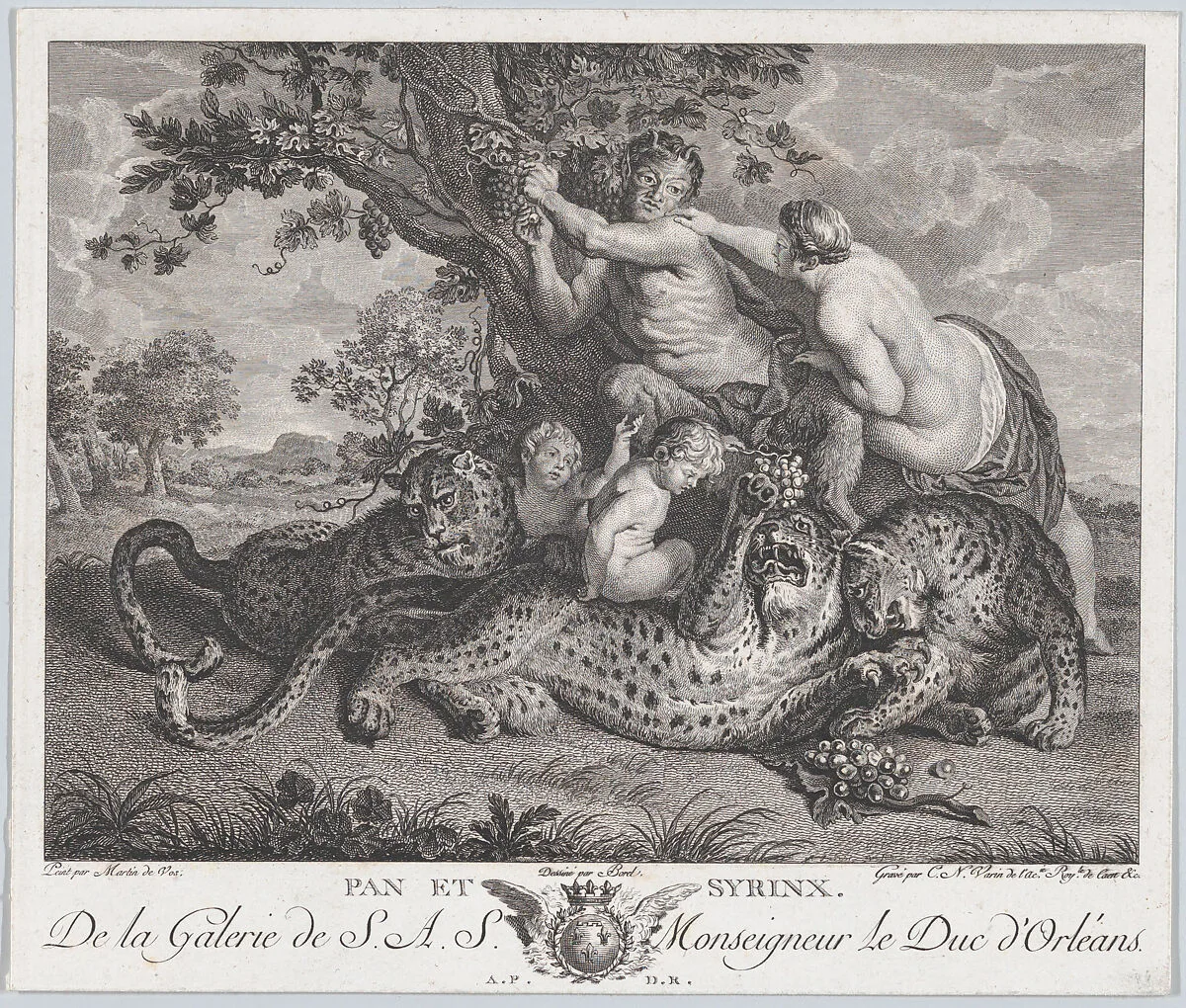 Pan picking grapes while Syrinx grabs his shoulder, with three leopards and two putti below them — Maerten de Vos|Antoine Borel|Charles Nicolas Varin