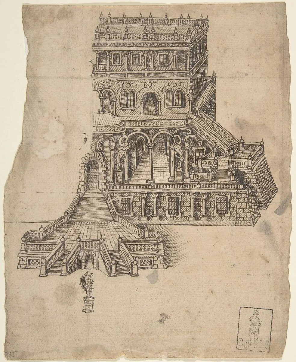Half design for a palace - fortress with a statue in front — Anonymous, German, 16th century