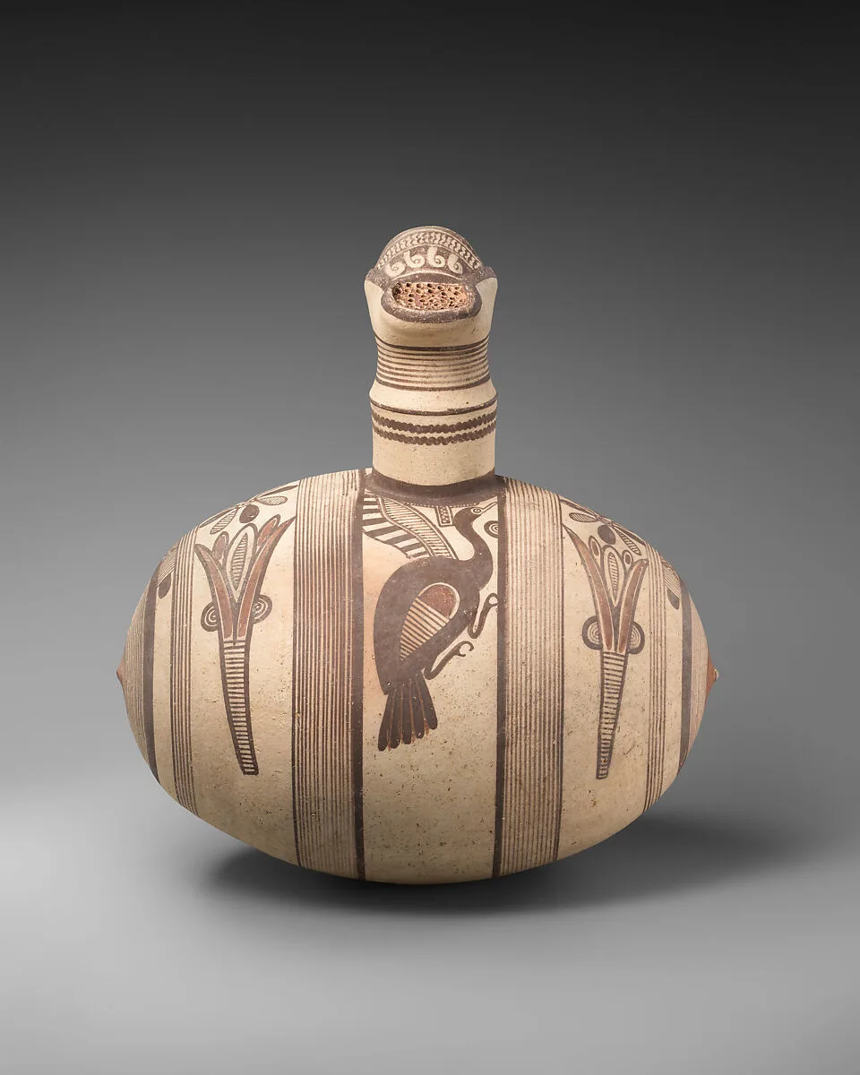 Terracotta barrel jug with strainer — Unknown