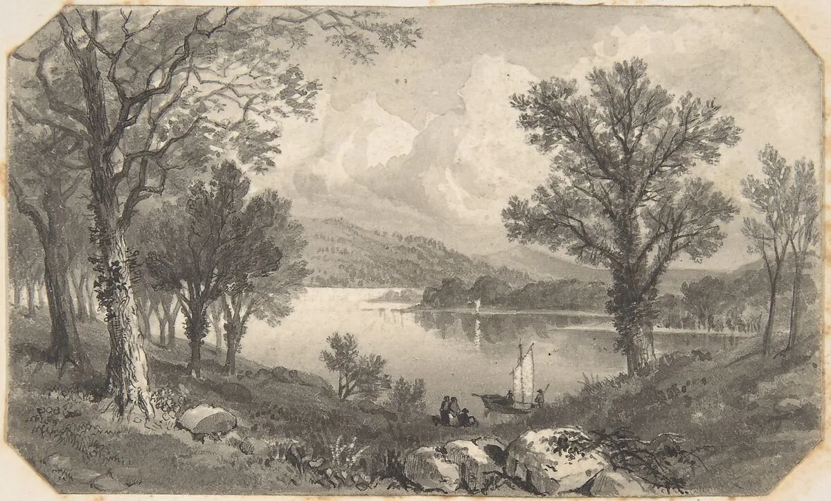 View of a lake or river with a sailboat — David Octavius Hill