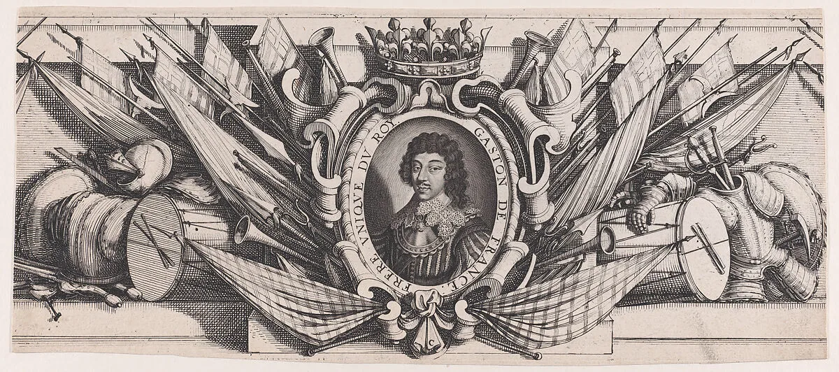 Border at Bottom Center: Portrait of Gaston of France in an Ornamental Border, from a group of sixteen plates originally mounted as a single sheet, entitled Siège de La Rochelle (The Seige of La Rochelle) — Abraham Bosse|Michel Lasne