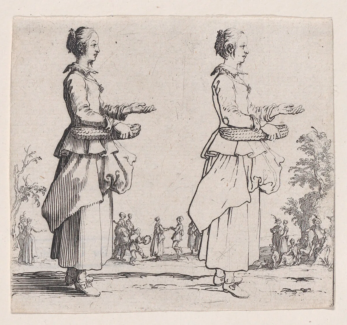 La Paysanne Tournée a Droite et Tenant un Panier (The Peasant Woman Turned to the Right and Holding a Basket), from Varie Figure (Various Figures) — Jacques Callot