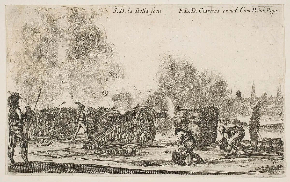 Battery of cannons firing on a city, plate 6 from "Various Military Caprices" (Varii capricci militari) — Stefano della Bella|Pierre Mariette le fils