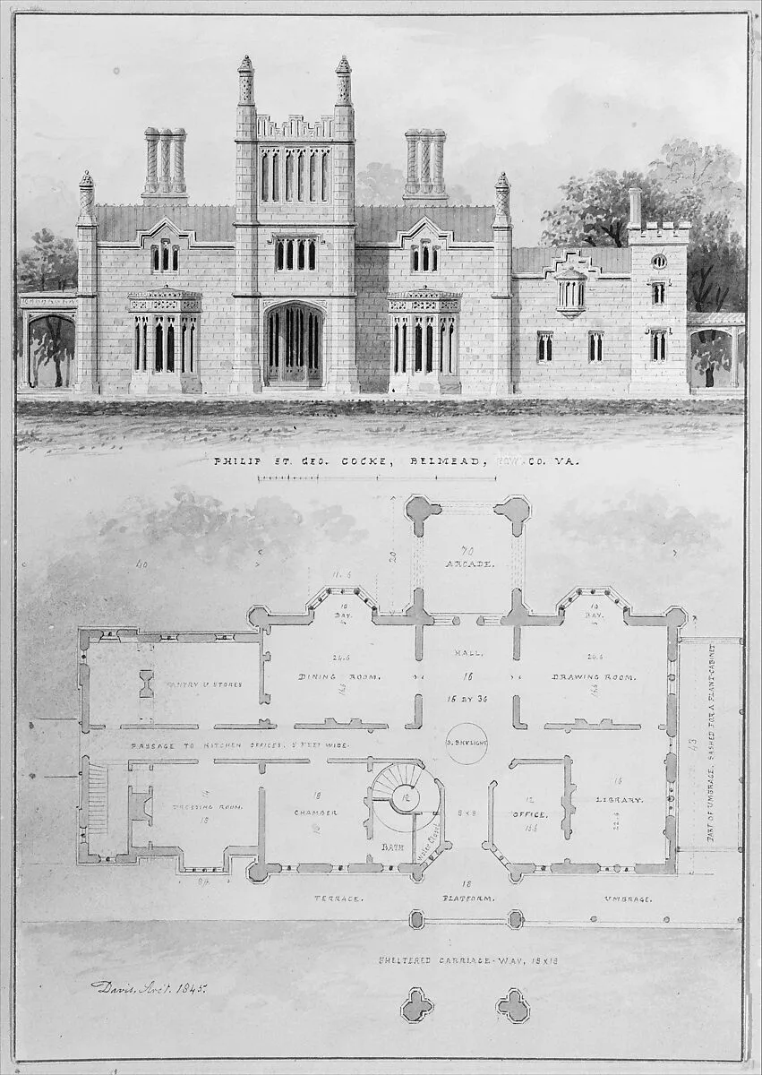 Belmead, for Philip St. George Cocke, Powhatan Co., Virginia (elevation and plan) — Alexander Jackson Davis
