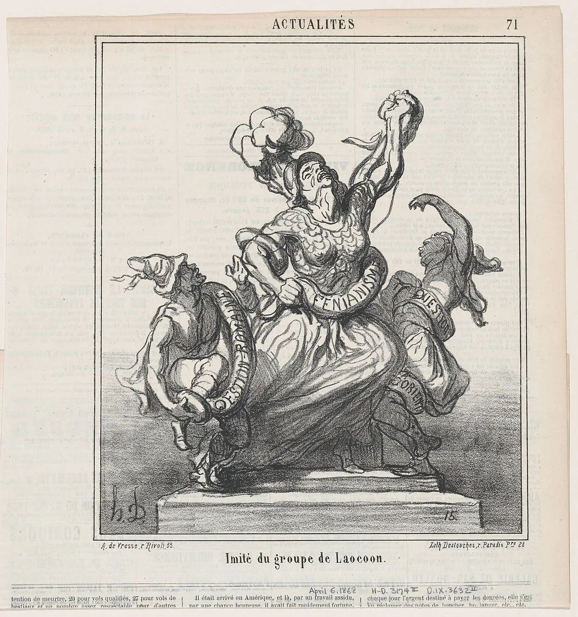 Imitation of the Laocoön-group, from 'News of the day,' published in Le Charivari, April 6, 1868 — Arnaud de Vresse|Destouches|Honoré Daumier