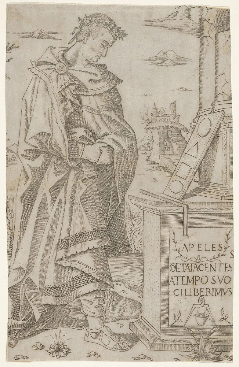 Apelles standing profile looking at a tablet of geometric figures — Nicoletto da Modena
