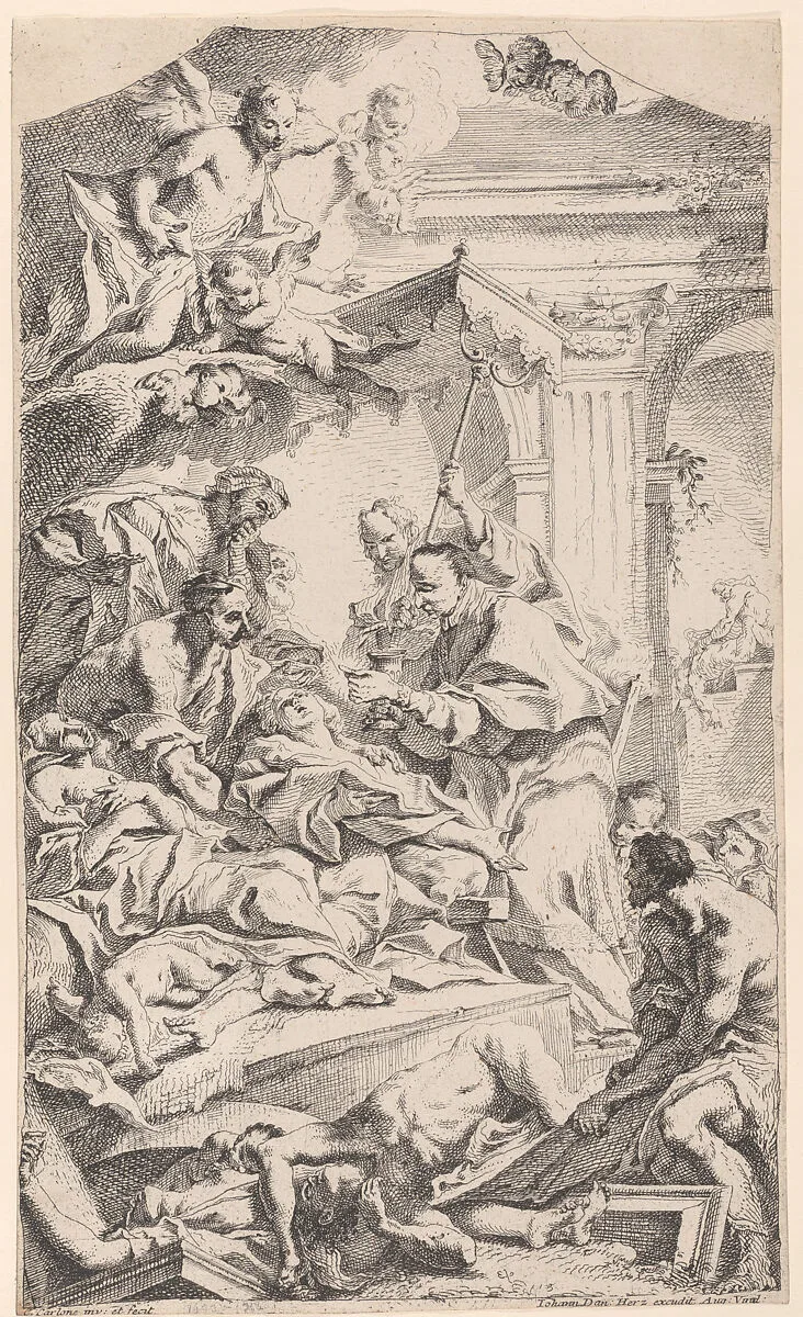 Saint Charles giving communion to the plague-stricken — Johann Daniel Herz the Elder|Carlo Innocenzo Carloni