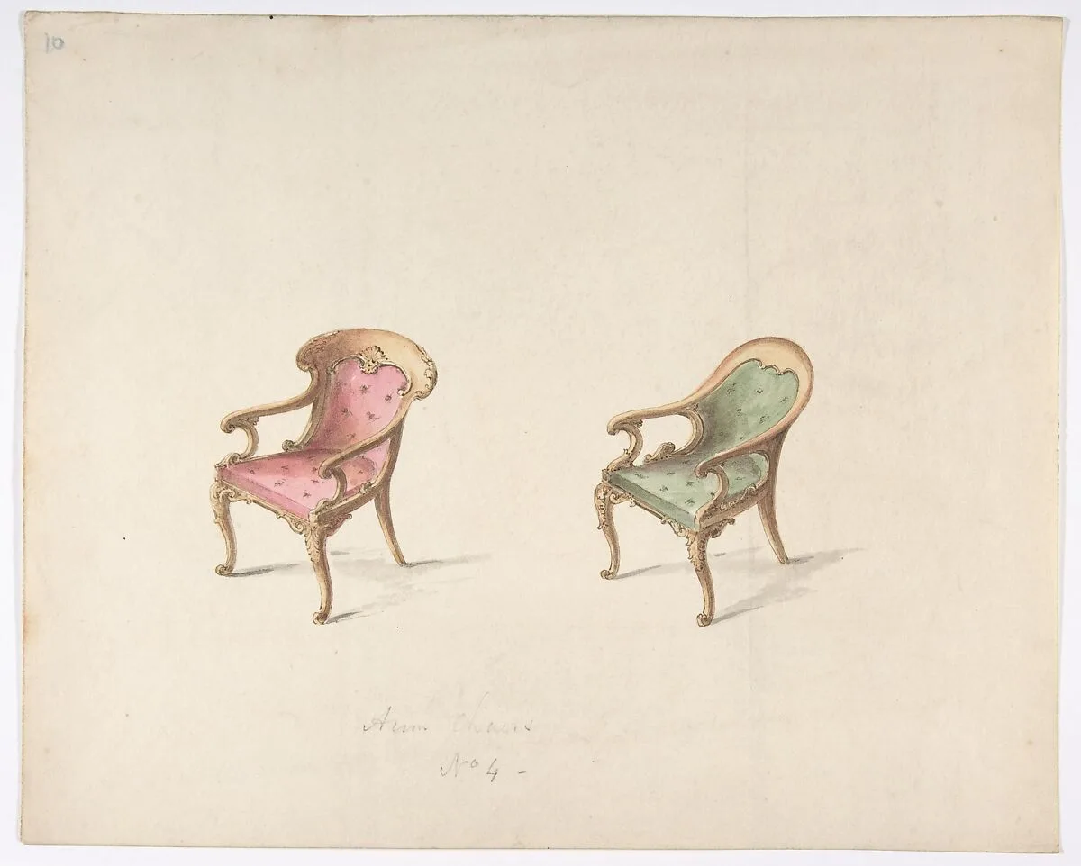 Design for Two Armchairs with Red and Green Upholstery — Anonymous, British, 19th century