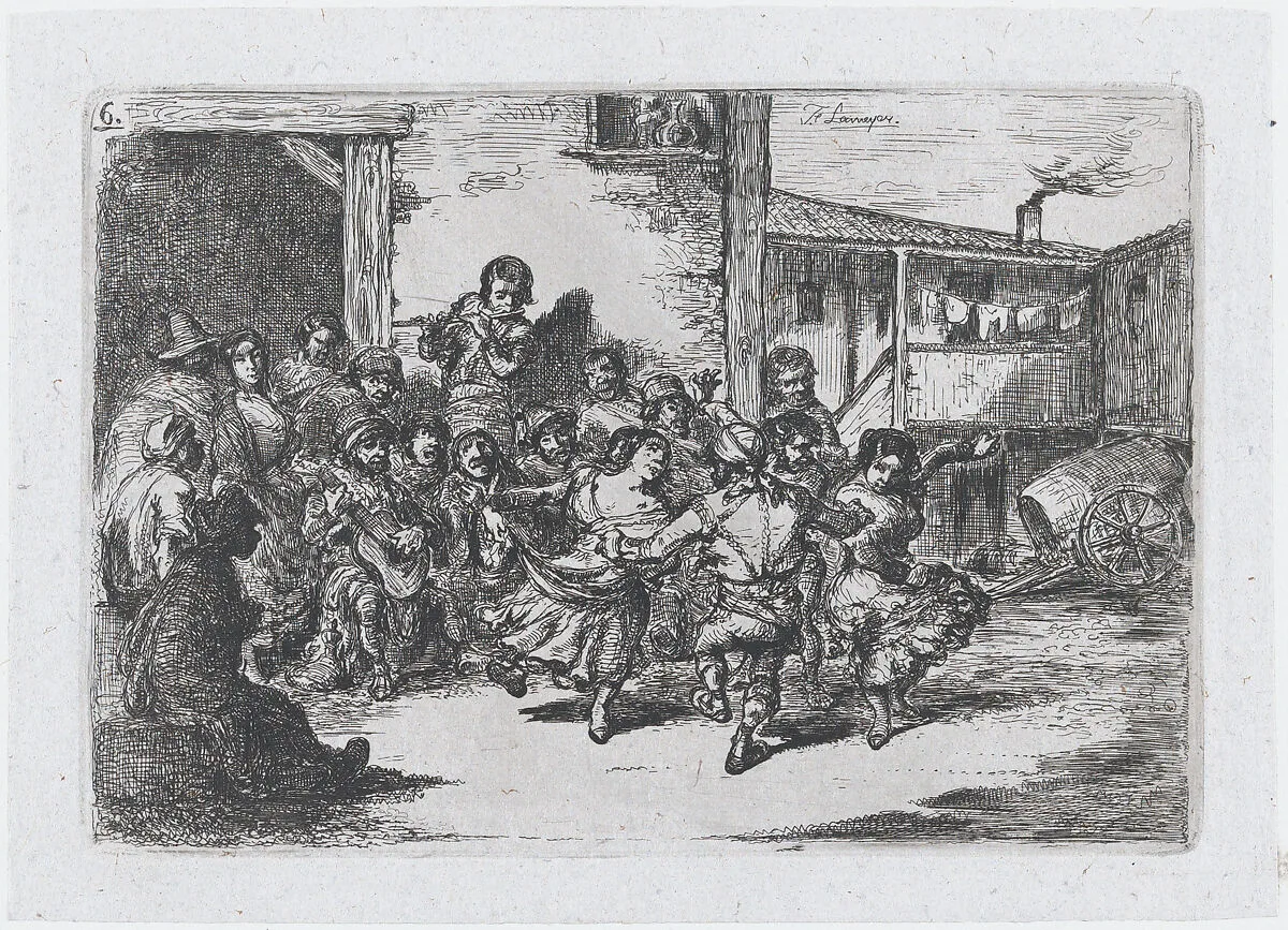 Plate 6: people dancing in the street accompanied by musicians, from the series of customs and pastimes of the Spanish people — Francisco Lameyer y Berenguer