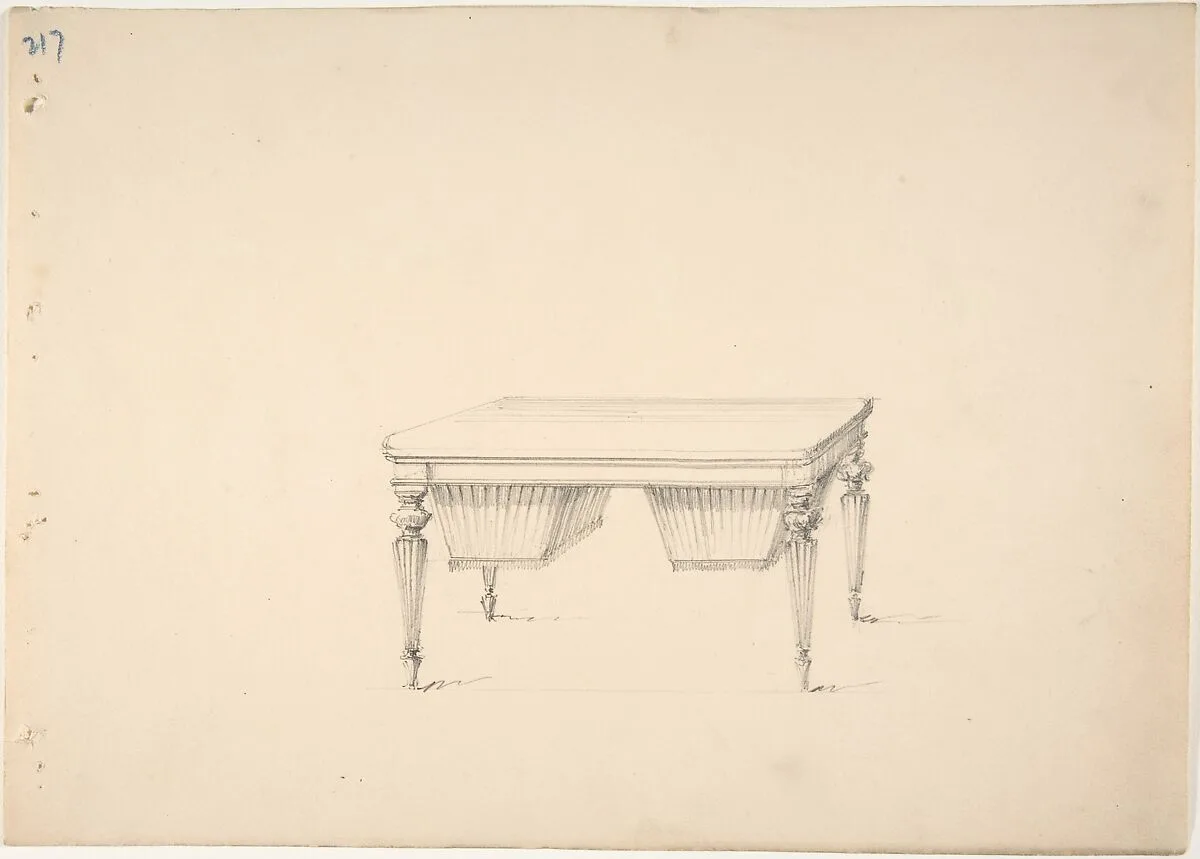 Design for a Worktable with Two Suspended Containers (Verso: Sketch for desk) — Anonymous, British, 19th century