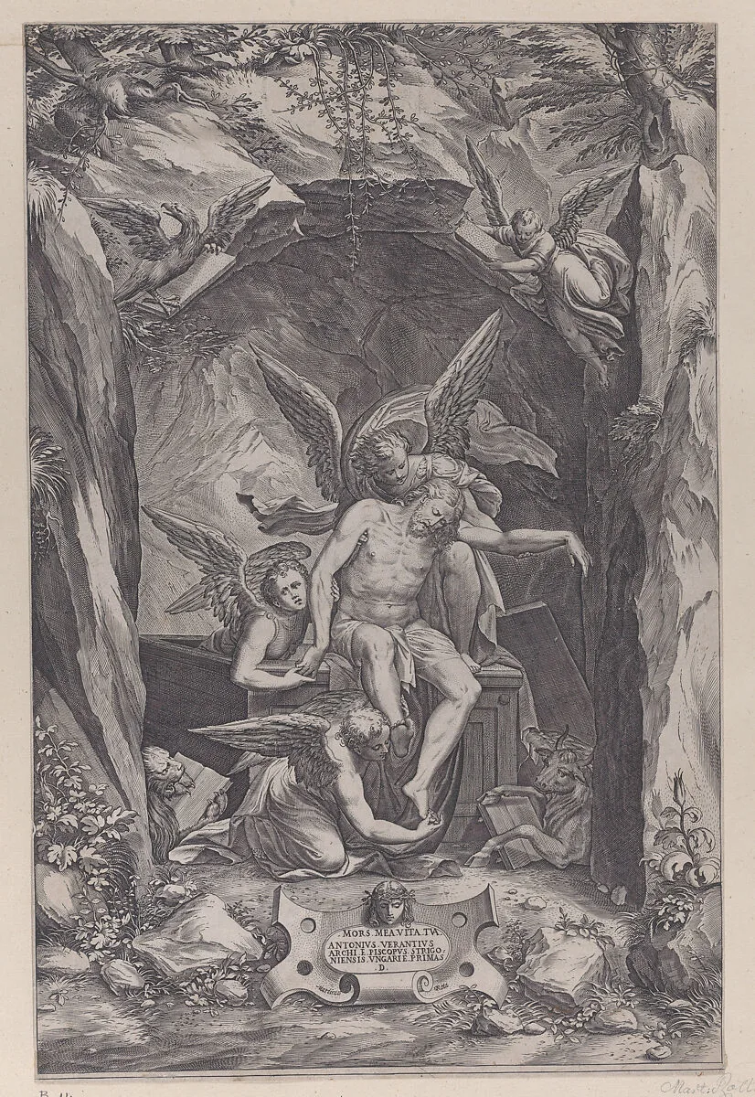 Christ rising from the tomb, assisted by two angels — Martino Rota