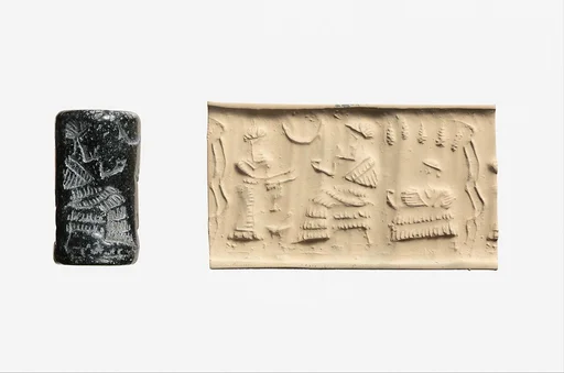 Cylinder seal and modern impression: worshiper before a seated ruler or deity; seated female under a grape arbor