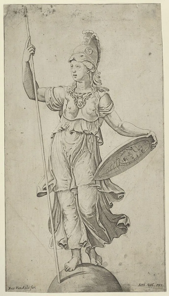 Pallas Athena standing on a globe, holding a spear in her left hand and her shield in her right — Anonymous, Italian, 16th to early 17th century|Marcantonio Raimondi|Raphael (Raffaello Sanzio or Santi)|Giulio Romano|Antonio Salamanca|Nicolaus van Aelst