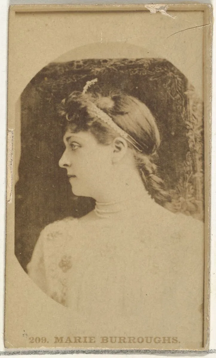 Card Number 209, Marie Burroughs, from the Actors and Actresses series (N145-3) issued by Duke Sons & Co. to promote Cross Cut Cigarettes — W. Duke, Sons & Co.