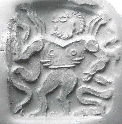 Double-sided stamp seal: nude winged hero dominating snakes; winged dragon — Unknown