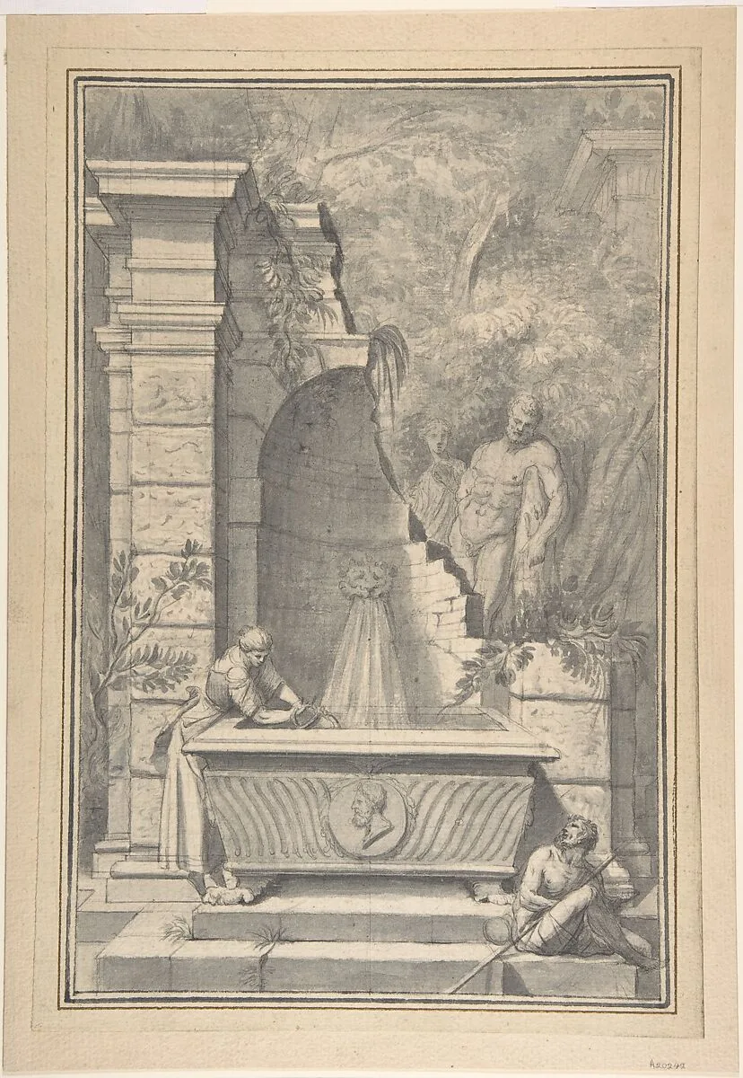 A Woman at a Fountain by a Ruined Temple, the Farnese Hercules in the Background — Johannes Antiquus