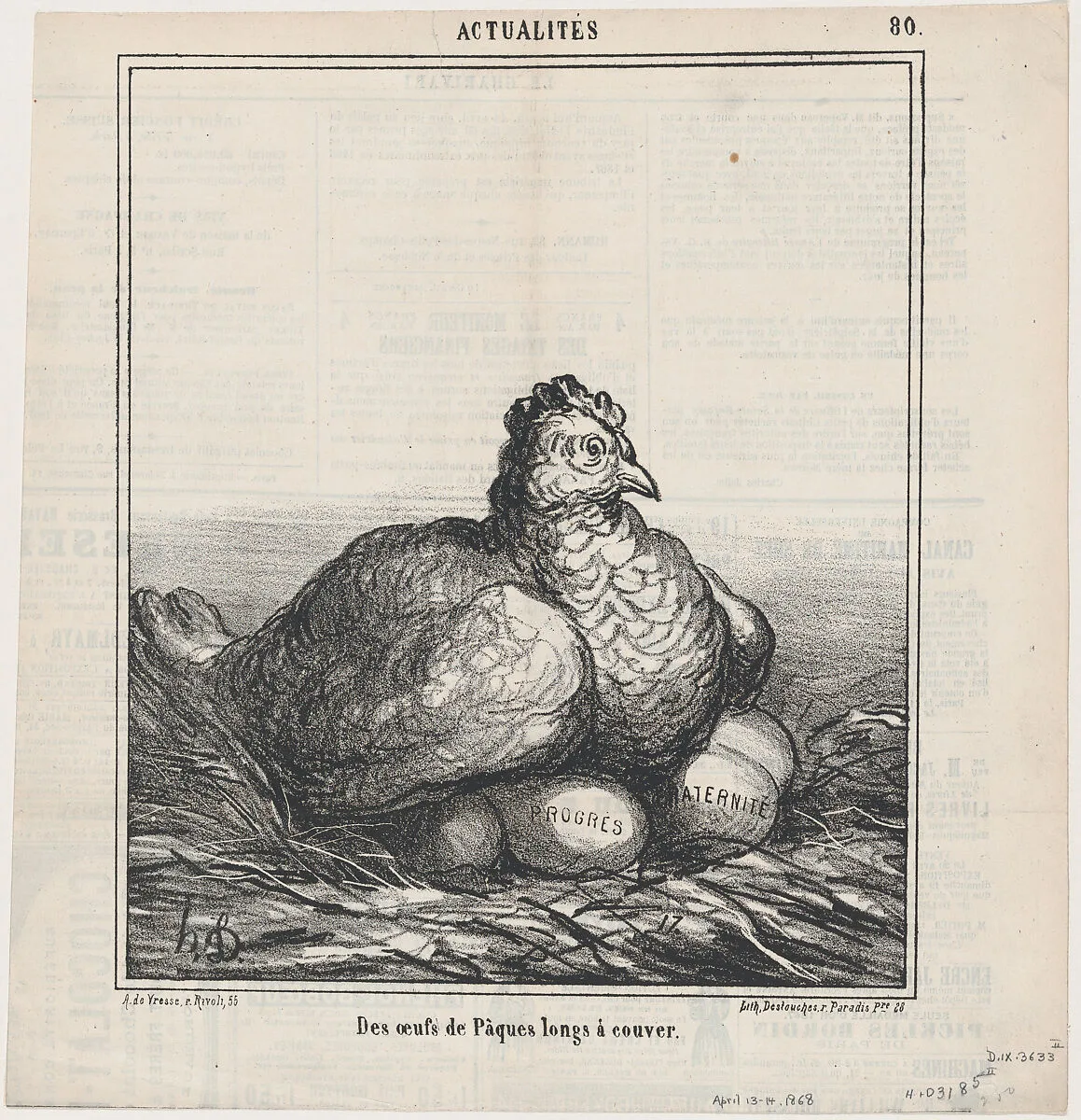 Easter eggs hatched for a long time, from 'News of the day,' published in Le Charivari, April 13-14, 1868 — Honoré Daumier|Destouches|Arnaud de Vresse