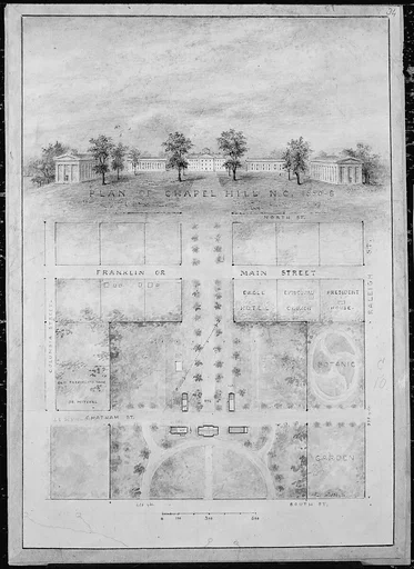 University of North Carolina, Chapel Hill (distant perspective and plan of grounds)