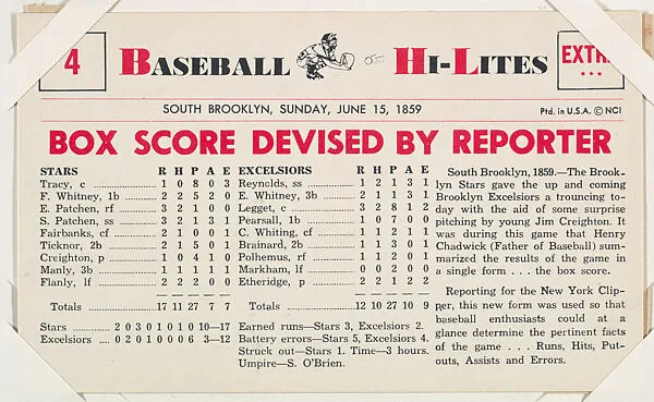 Box Score Devised by Reporter #4 from Nu-Card Baseball Hi-Lites series (W460) — Nu-Card, Inc.