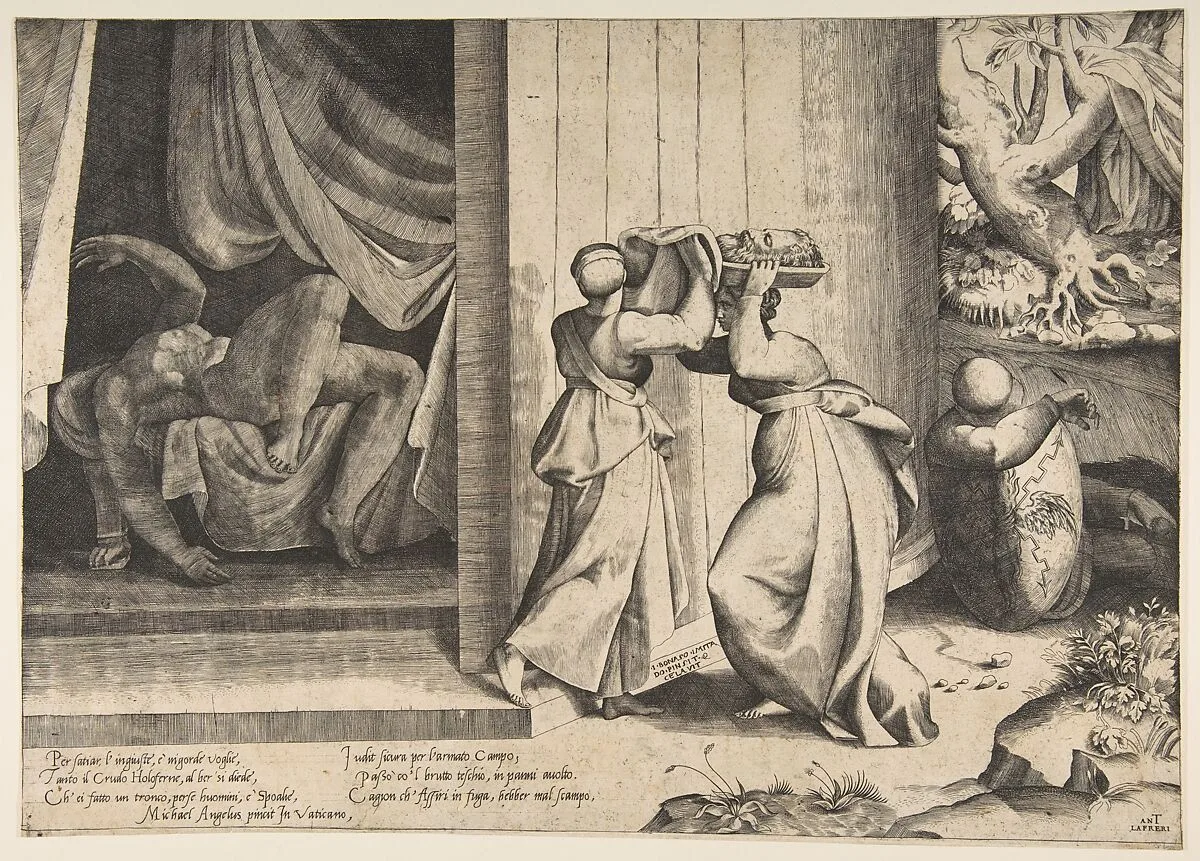 Judith passing the head of Holofernes to her maidservant, the decapitated Holofernes inside the tent at left — Antonio Lafreri|Michelangelo Buonarroti|Giulio Bonasone