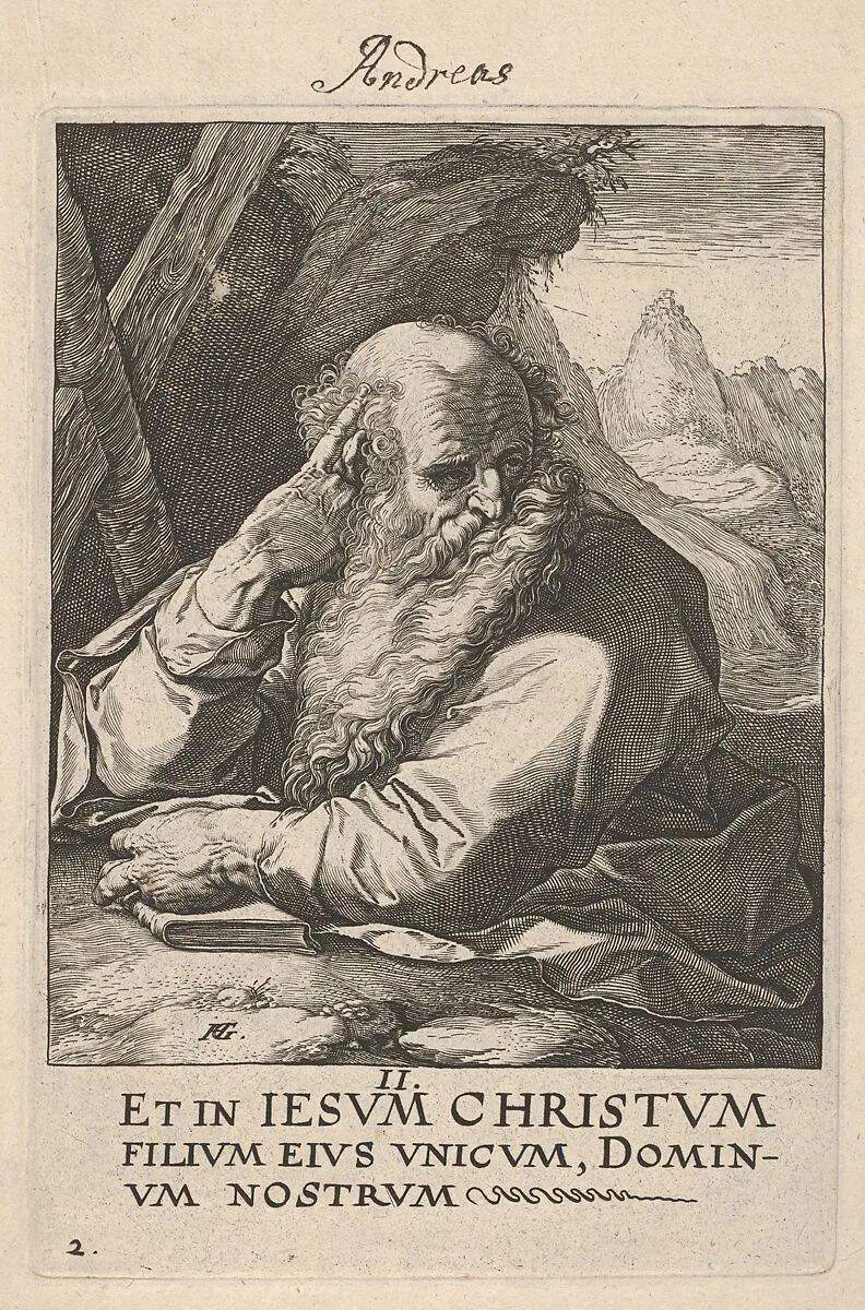 St. Andrew, from Christ, the Apostles and St. Paul with the Creed — Hendrick Goltzius