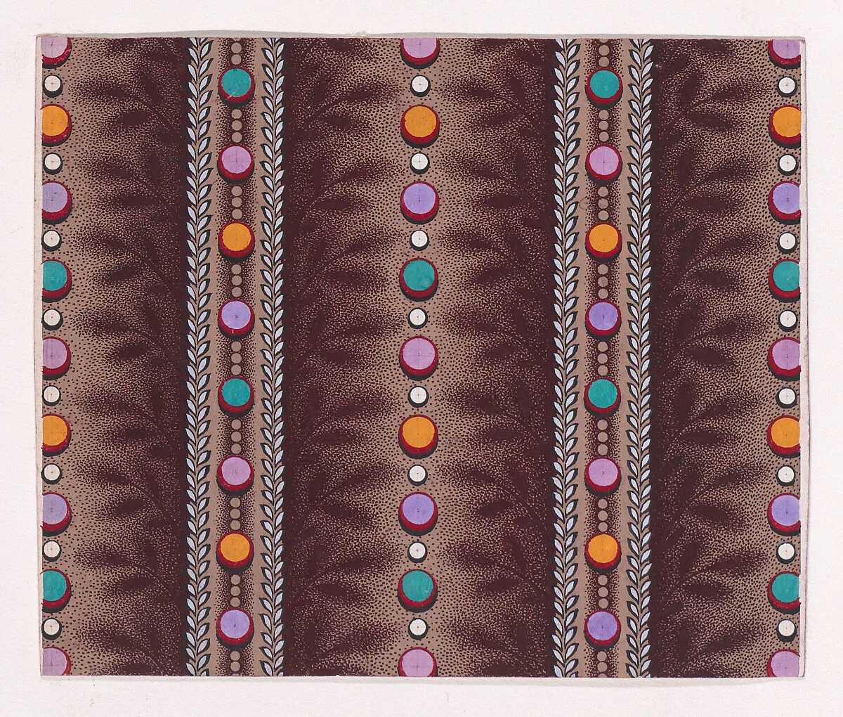 Textile Design with Alternating Vertical Strips of Pearls and Stylized Leaves — Anonymous, Alsatian, 19th century