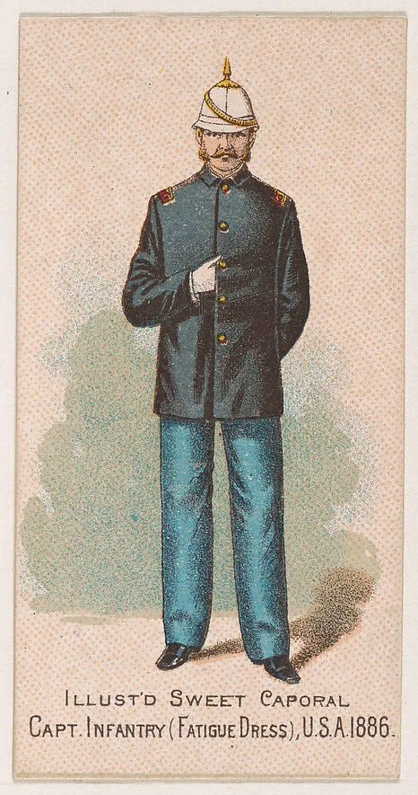 Fatigue Dress, Captain, Infantry, United States Army, 1886, from the Military Series (N224) issued by Kinney Tobacco Company to promote Sweet Caporal Cigarettes — Kinney Brothers Tobacco Company
