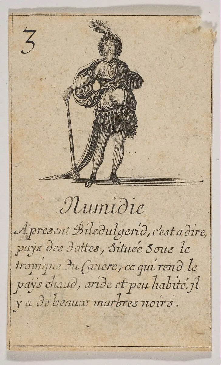 Numidie, from "Jeu de la Géographie" — Stefano della Bella|Jean Desmarets de Saint-Sorlin|Henri Le Gras|Louis XIV, King of France|Cardinal Jules Mazarin
