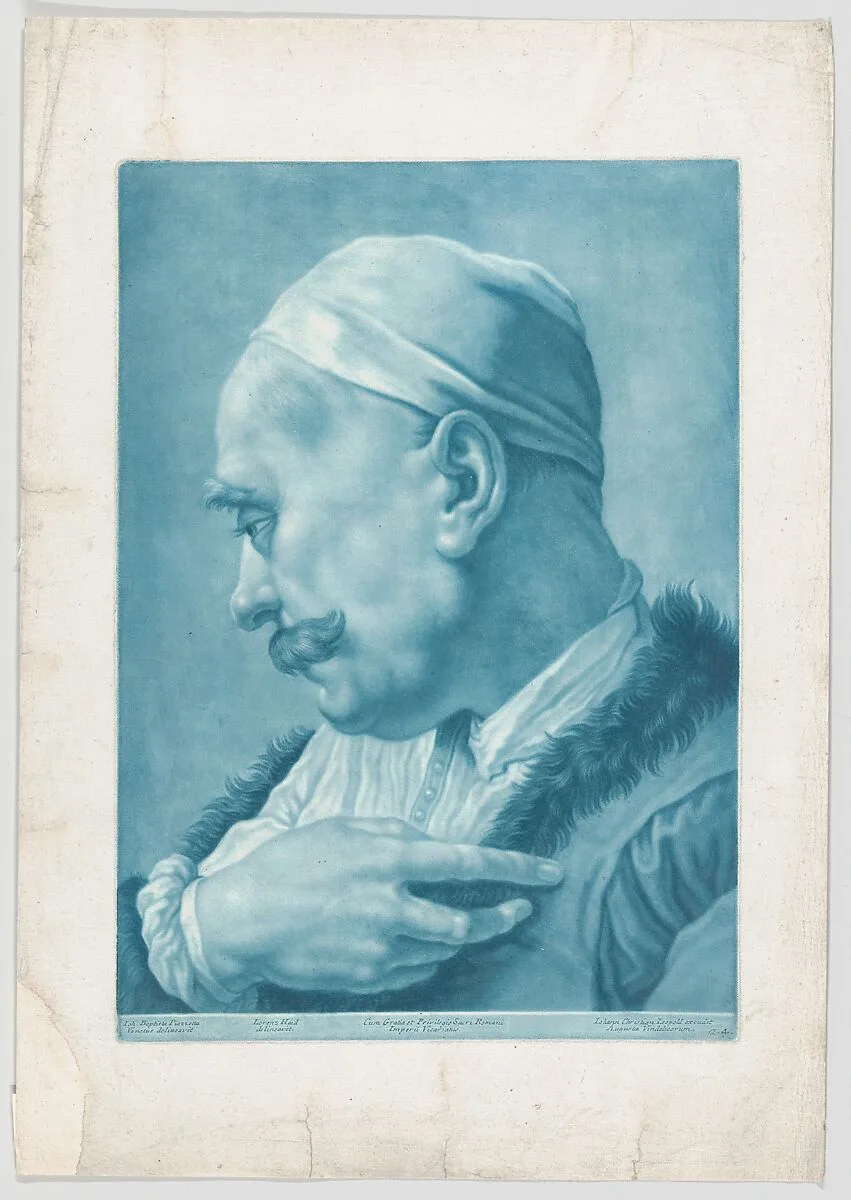 Imaginary portrait head of a man wearing a cap and fur-trimmed coat; from the series of 22 imaginary portrait heads after Giovanni Battista Piazzetta — Johann Lorenz Haid|Giovanni Battista Piazzetta|Johann Christian Leopold