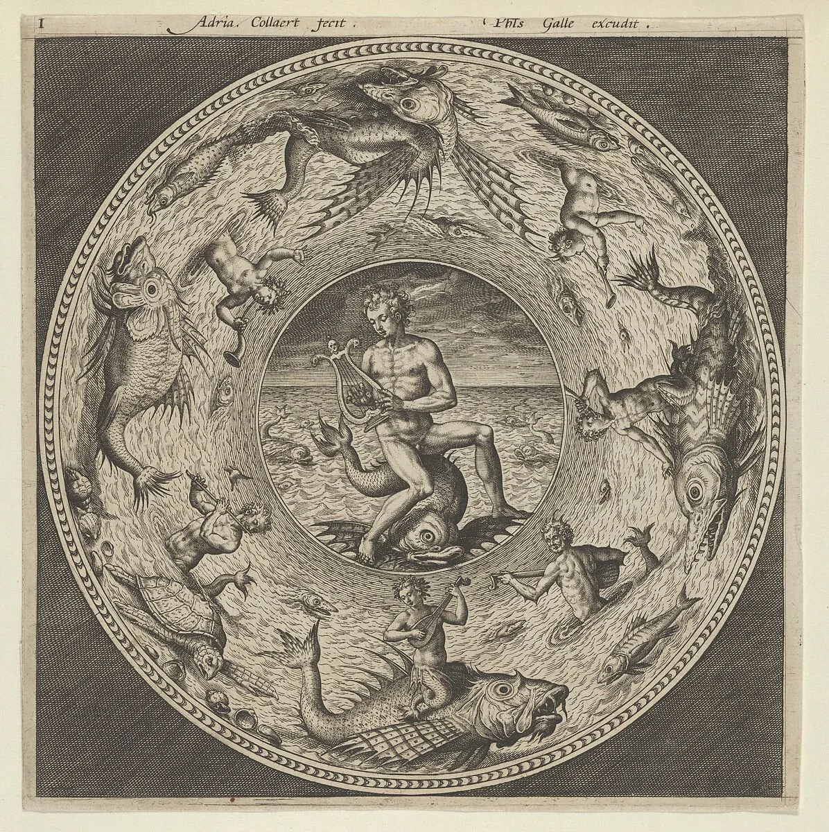 Design for a Plate with Arion Riding a Dolphin in a Medallion Bordered by Sea Monsters — Adriaen Collaert|Philips Galle