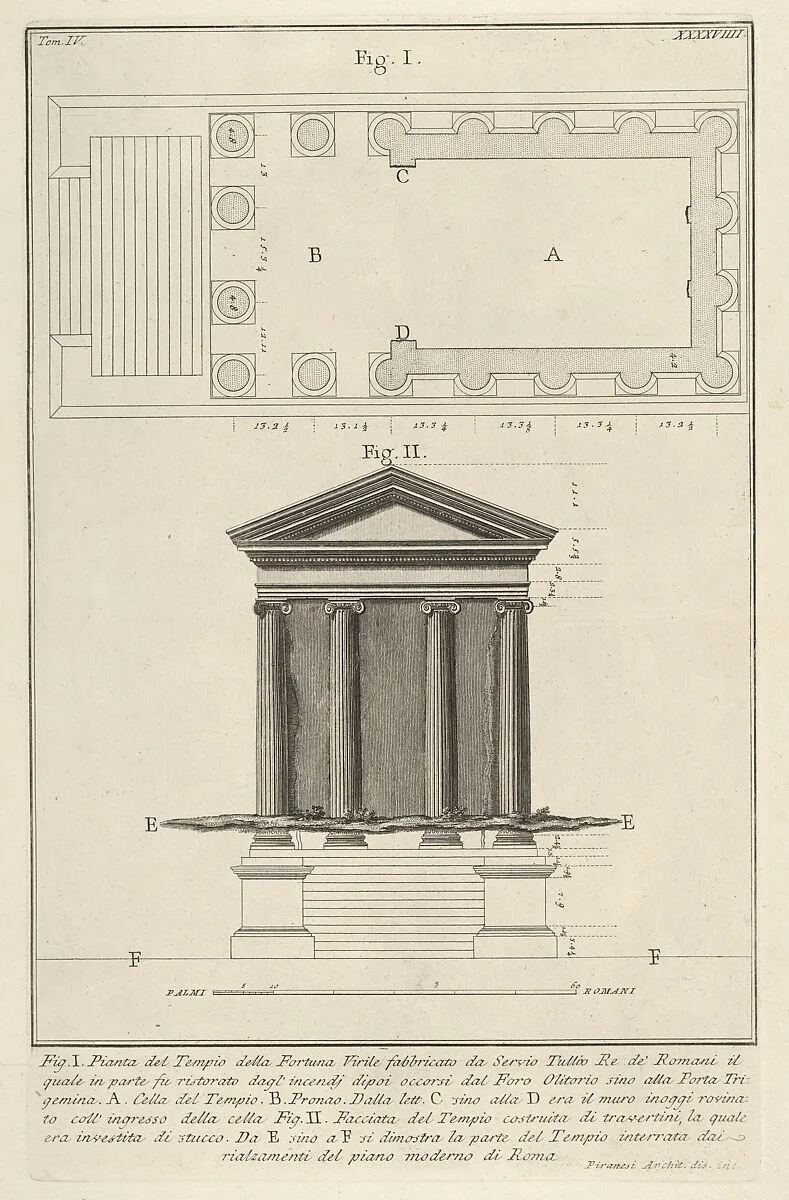 Plan and facade of the Temple of Fortuna Virilis (Tempio della Fortuna Virile), from the series 'Le Antichità Romane' — Giovanni Battista Piranesi