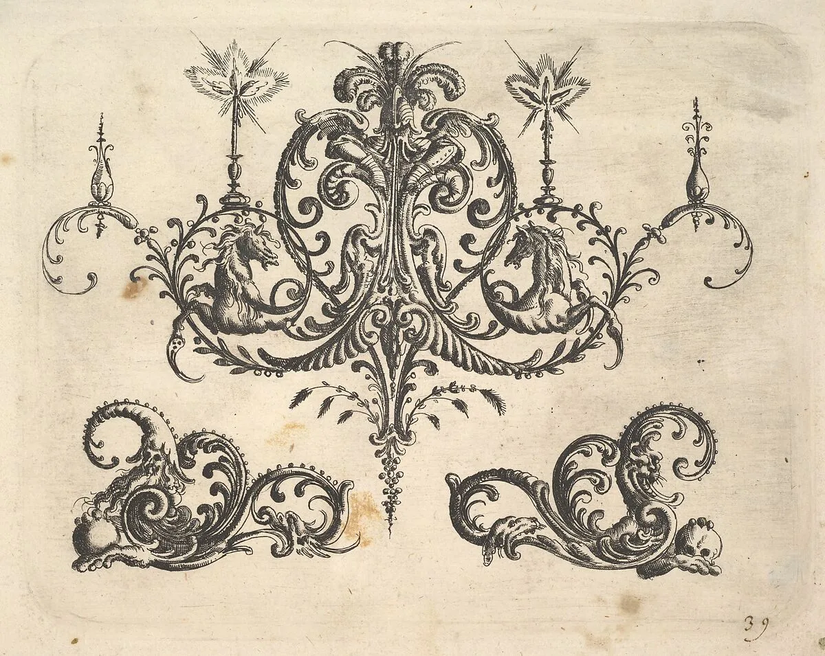 A fantastic chandelier with burning candles and arabesques, some ending in fantastic horse forms, plates from the Neue Grotessken Buch — Christoph Jamnitzer