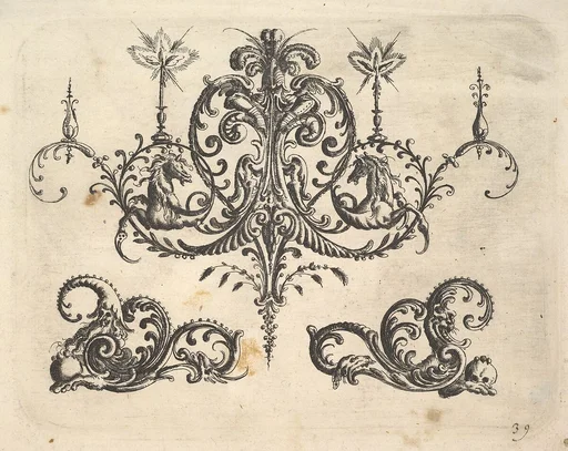 A fantastic chandelier with burning candles and arabesques, some ending in fantastic horse forms, plates from the Neue Grotessken Buch