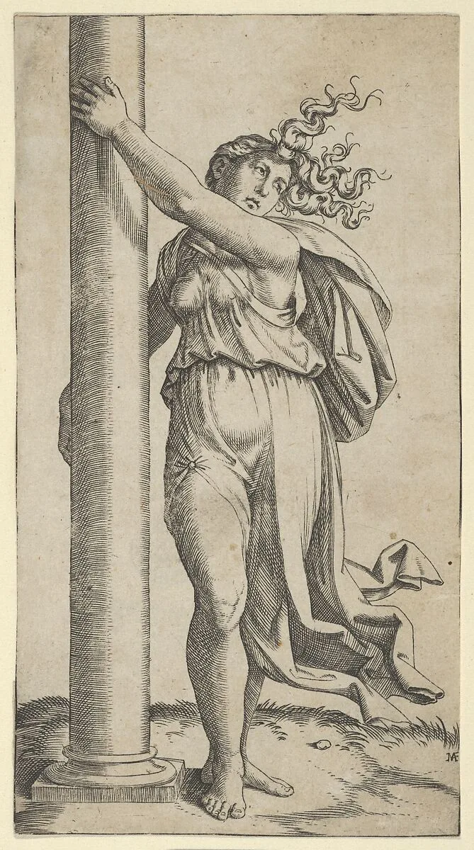 A young woman personifying Force or Strength holding a column — Marcantonio Raimondi