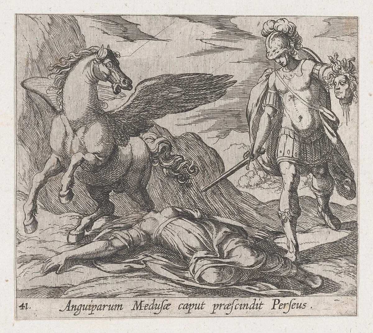 Plate 41: Perseus Killing Medusa (Anguiparum Meduse caput praescundit Perseus), from Ovid's 'Metamorphoses' — Antonio Tempesta