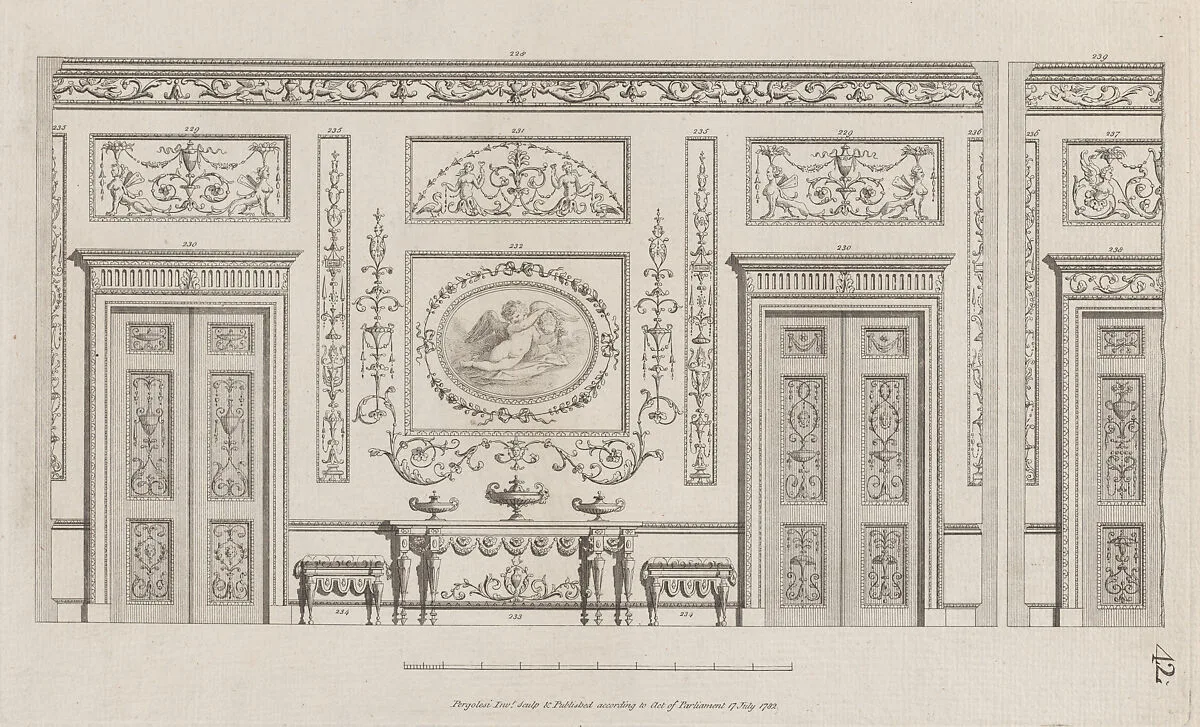 Interior Ornamented Wall with Doors, nos. 228–239, plate 42 from "Designs for Various Ornaments" — Michelangelo Pergolesi