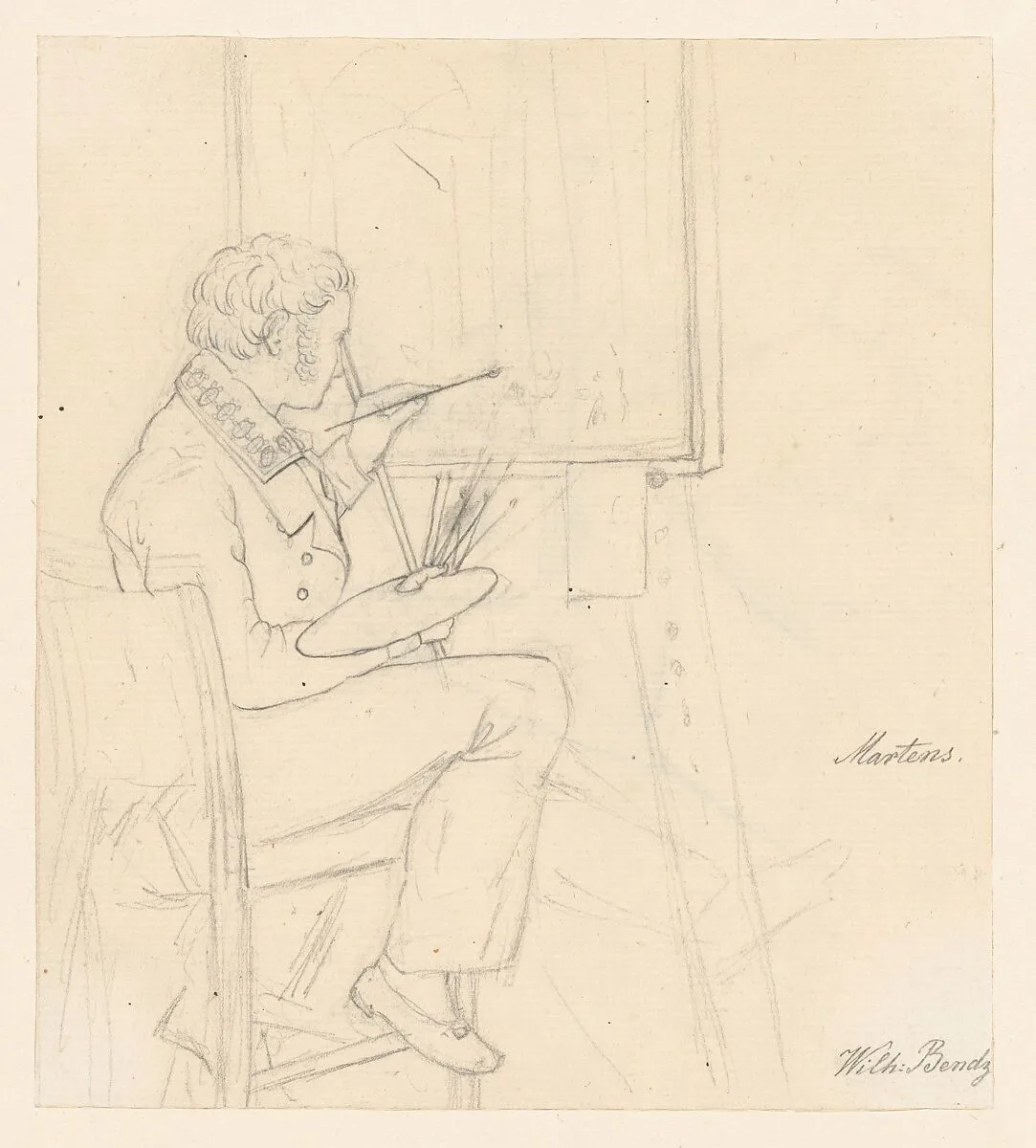 Portrait of the Painter Ditlev Martens at Work Behind and Easel; verso: An Artist Sketching — Wilhelm Bendz