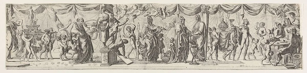 Frieze-like composition of figures walking alongside draped curtains: at left satyrs and children bear a statue of Bacchus on a litter behind an old man (Silenus?), at center two robed satyrs approach a priest, at right Apollo lifts a cup next to satyrs seated at a round table — Pierre Brebiette