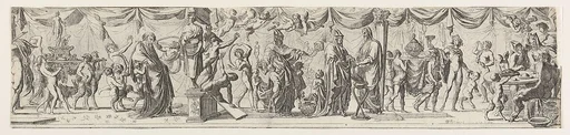 Frieze-like composition of figures walking alongside draped curtains: at left satyrs and children bear a statue of Bacchus on a litter behind an old man (Silenus?), at center two robed satyrs approach a priest, at right Apollo lifts a cup next to satyrs seated at a round table