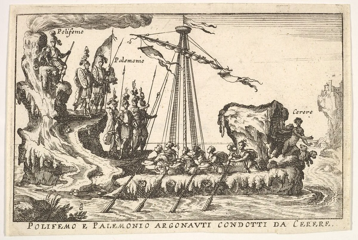 Plate 8: Polyphemus and Palemonius led by Ceres (Polifemo e Palemonio Argonauti condotti da Cerere), with sterncastle in the form of a volcano, from the series 'The magnificent pageant on the river Arno in Florence for the marriage of the Grand Duke' (Le Magnifique carousel fait sur le fleuve de l'Arne a Florence, pour le mariage du Grand Duc), for the wedding celebration of Cosimo de' Medici in Florence, 1608 — Giulio Parigi|Anonymous|Remigio Cantagallina|Jean Sauvé