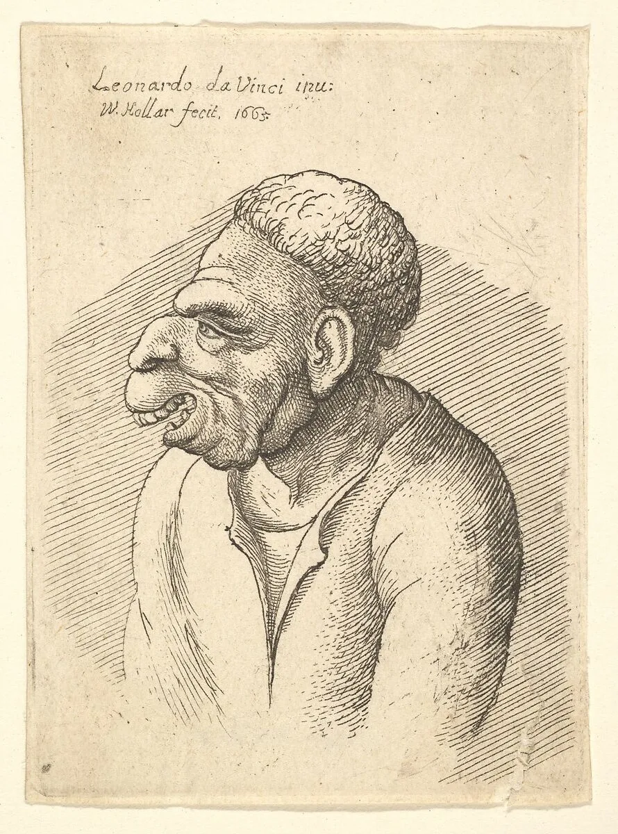 Bust of a man with hooked nose, prominent upper lip, open mouth and thick, short curly hair resembling wig in profile to left — Leonardo da Vinci|Wenceslaus Hollar