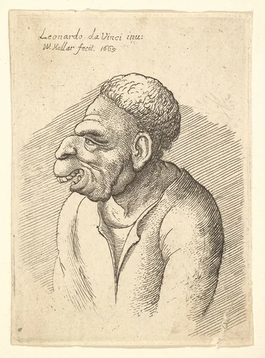Bust of a man with hooked nose, prominent upper lip, open mouth and thick, short curly hair resembling wig in profile to left