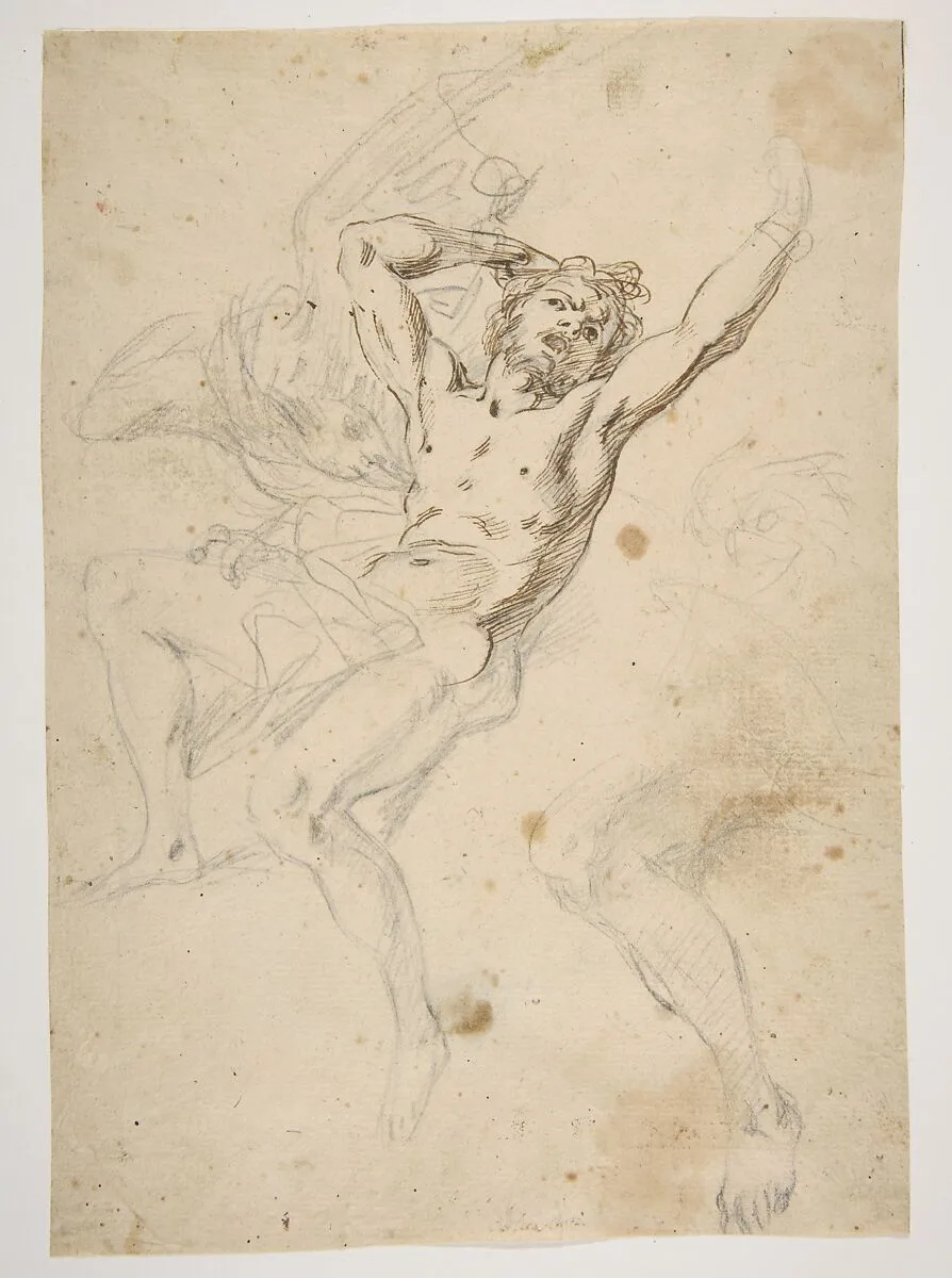 Study for a Prometheus Bound (recto); slight sketch of head and shoulders of man in lead pencil (verso) — Salvator Rosa