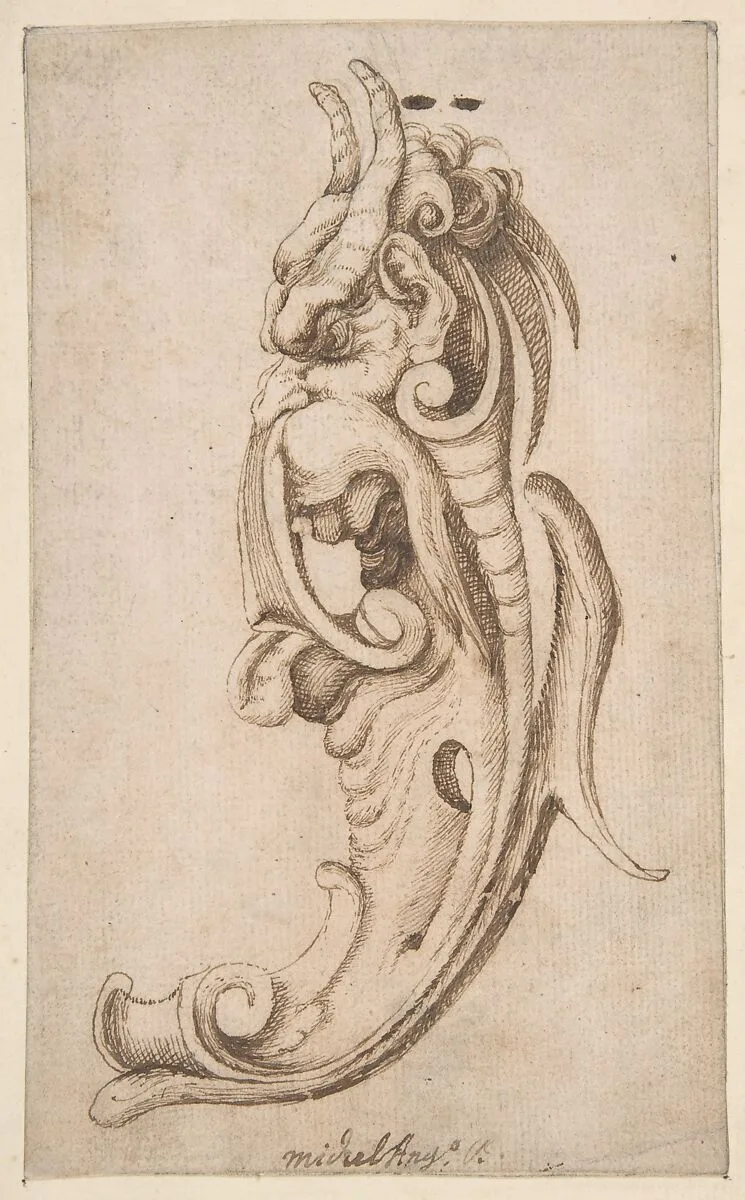 Cartouche in the Form of a Horned Monster's Head in Near Profile View. — Michelangelo Colonna