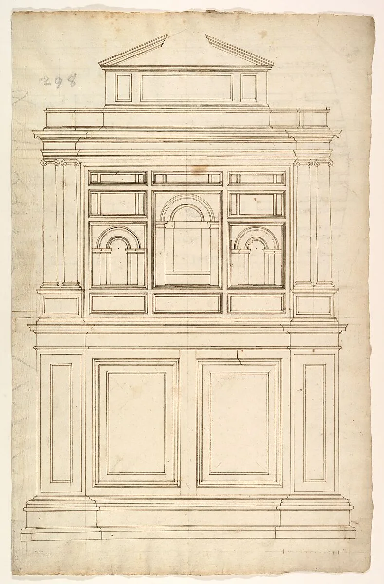 Court Cupboard (recto); Half-page of rectangles, numbered and lettered (verso) — Anonymous, French, 16th century