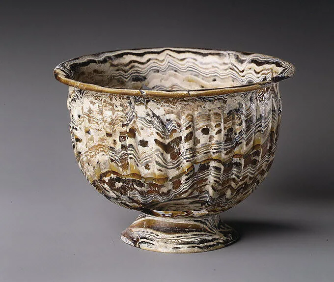 Ribbed mosaic glass bowl with base ring — Unknown
