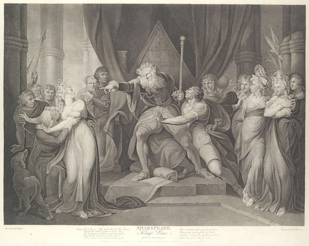 King Lear Casting Out His Daughter Cordelia (Shakespeare, King Lear, Act 1, Scene 1) — Shearjashub Spooner|Richard Earlom|Henry Fuseli|John & Josiah Boydell|William Shakespeare